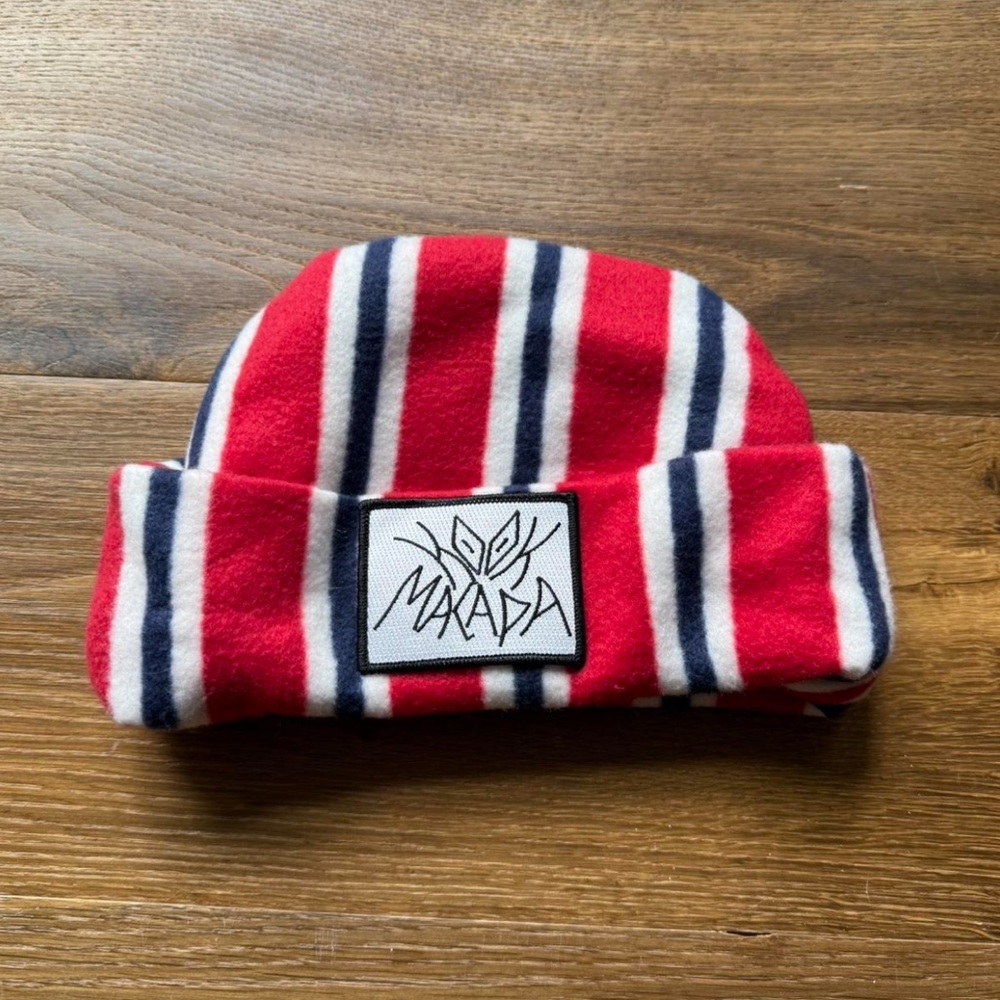 Mikasa Red and White Knit Beanie with Folded Brim
